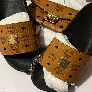 Mcm slides size 39 which fits a perfect 8 crossbody wallet matching bag